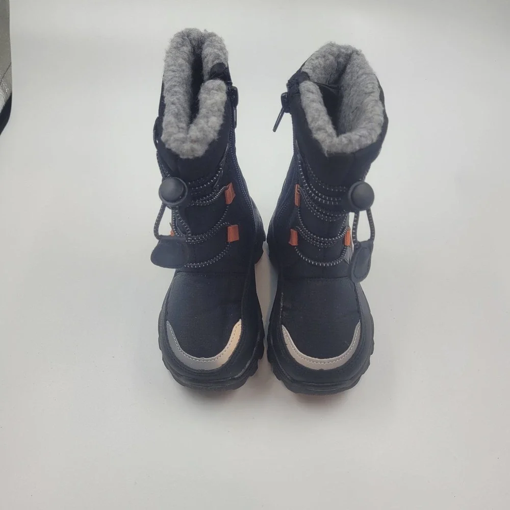 Black Winter Snow Boots Kids Size 8C Faux Fur Lined Bungee Zip Reflective Trim